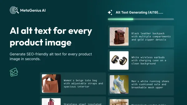 MetaGenius generating descriptive AI alt text for a batch of product images, such as a black leather backpack and white wireless earbuds
